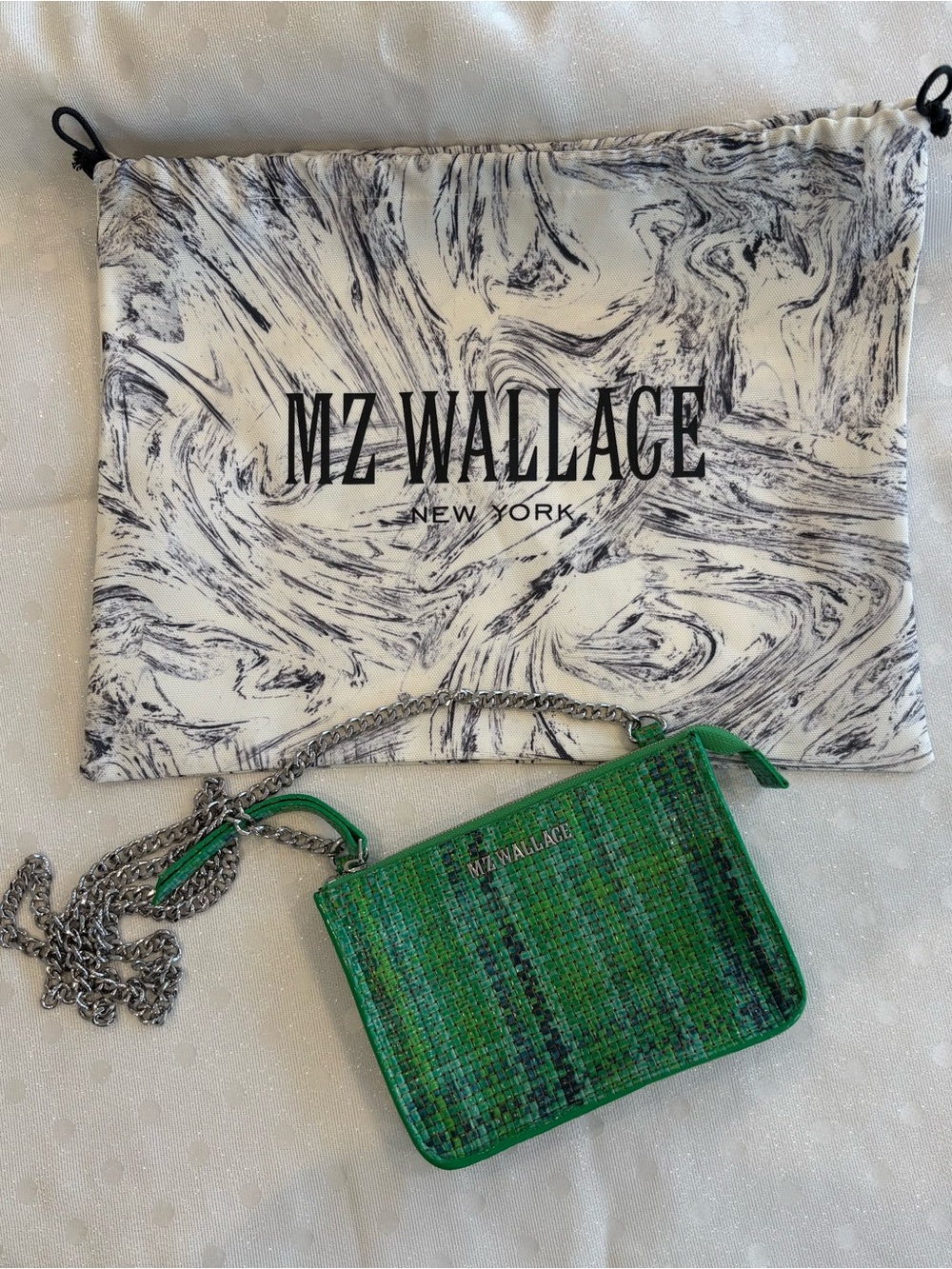 MZ WALLACE Green Tweed Mini Crossbody with Silver Chain